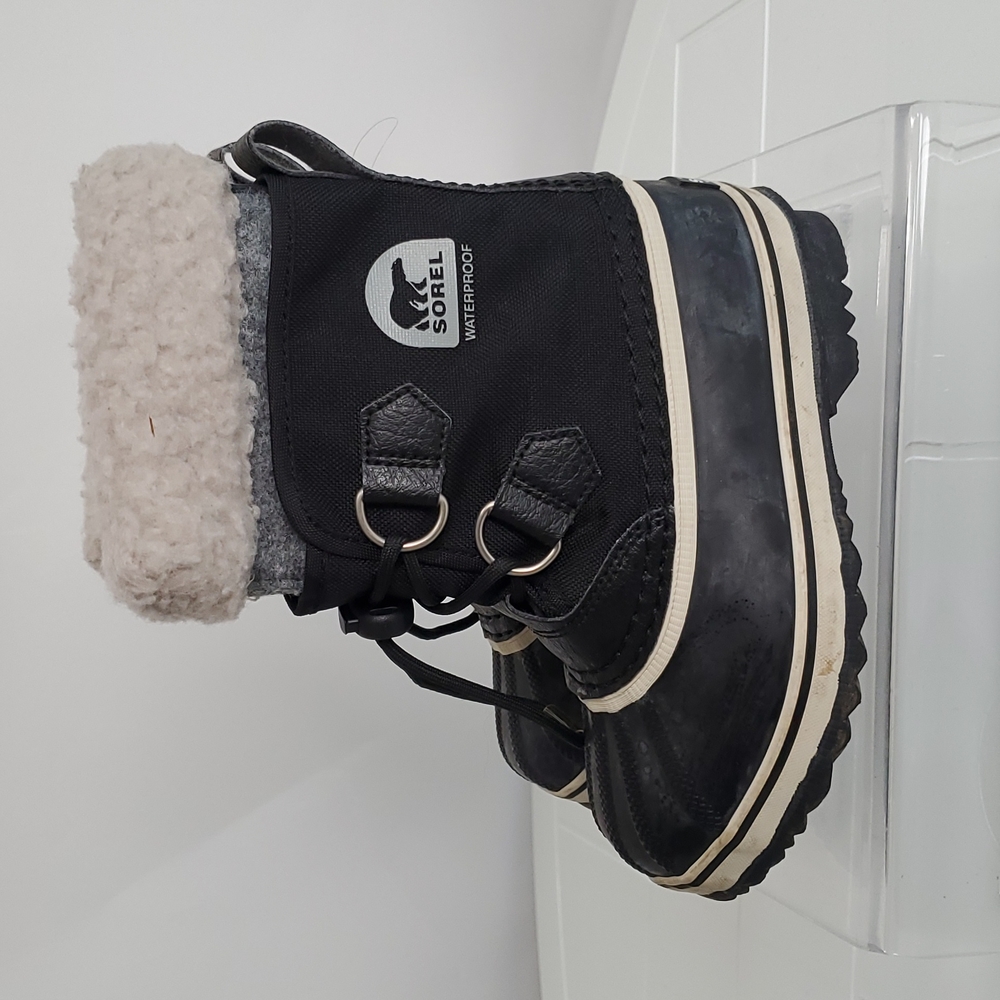 Sorel Black and Gray Kids Boots with Cream Trim